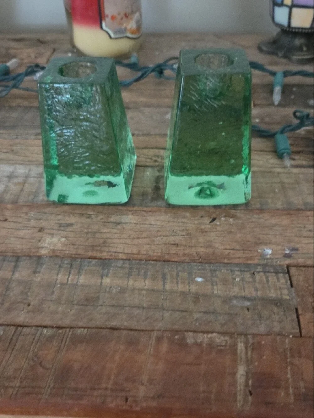 Fire and Light Signed Green Glass Taper Candle Holders - Pair